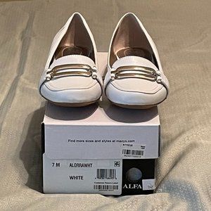 Alfani White Flat Shoe with a Gold Buckle. Size 7
